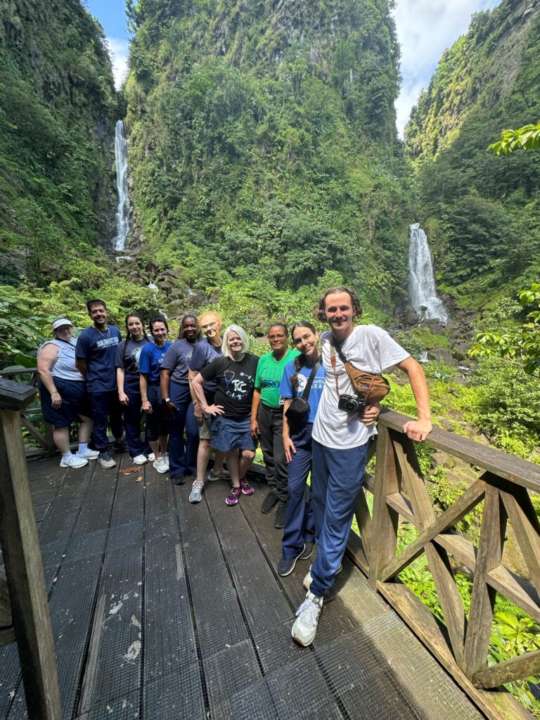 Participants stand on a boardwalk with waterfalls behind them.